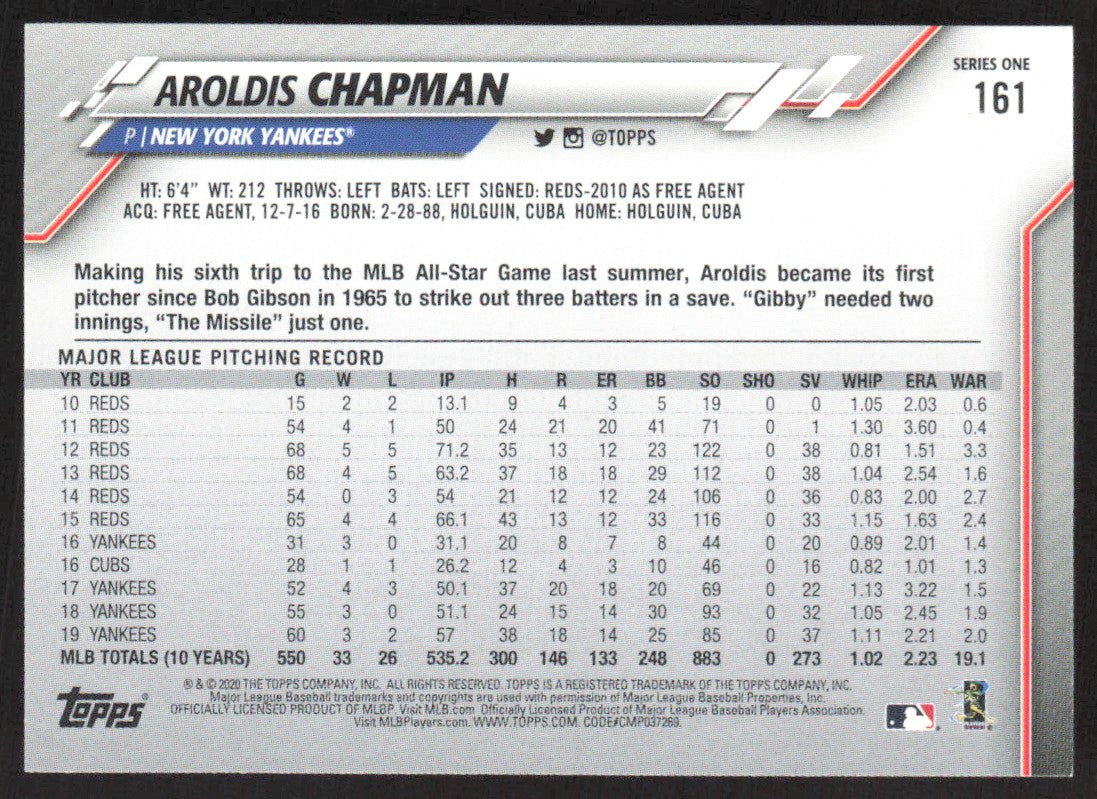 2020 Topps 161 Aroldis Chapman
