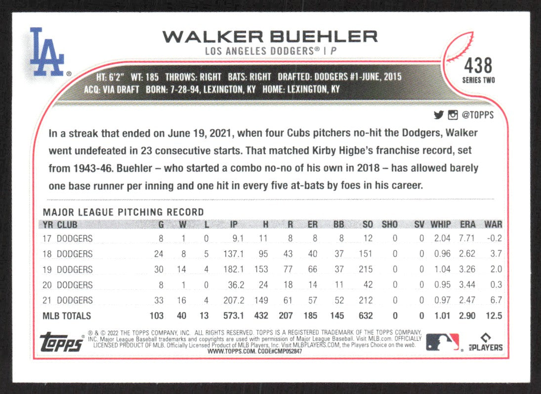 2022 Topps 438 Walker Buehler