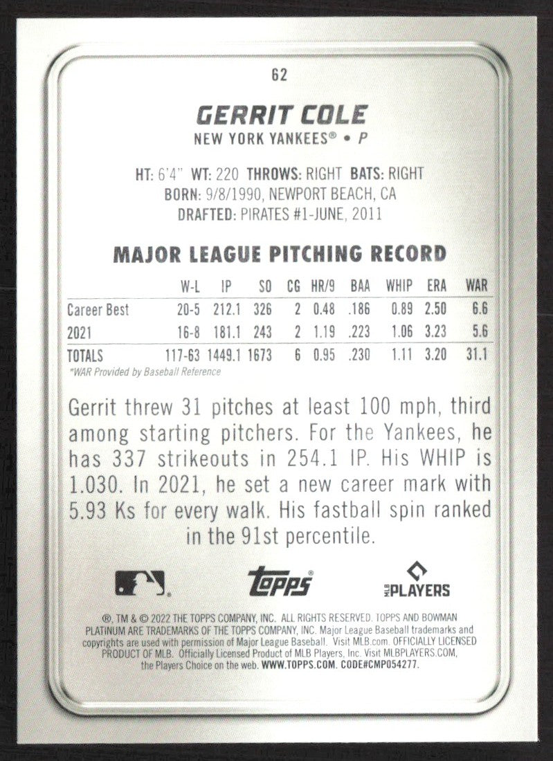 2022 Bowman Platinum 62 Gerrit Cole