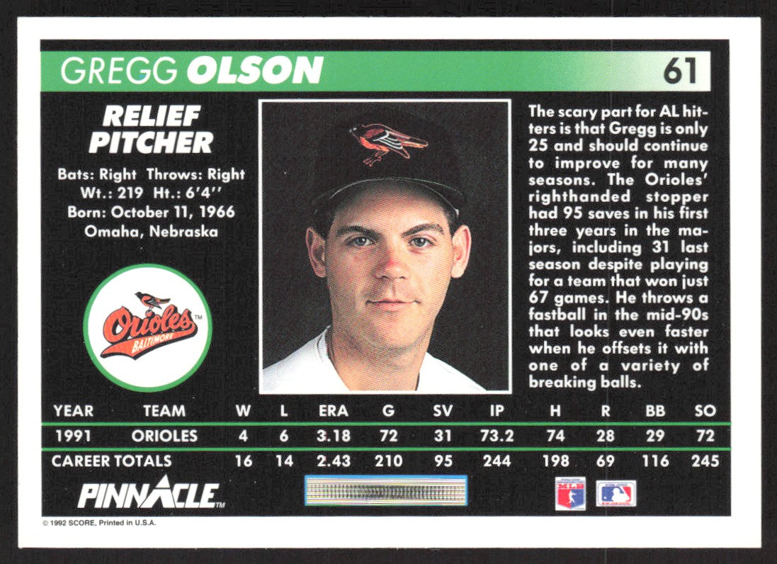 1992 Pinnacle 61 Gregg Olson