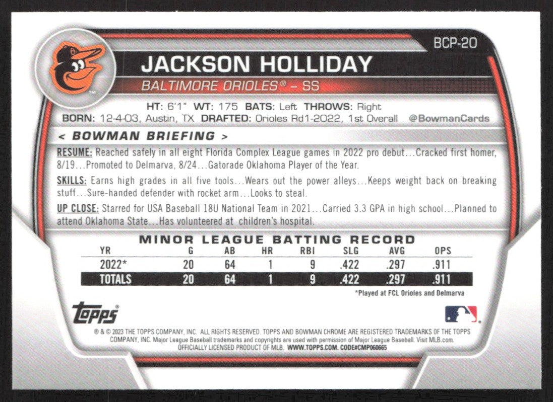 2023 Bowman Chrome Prospects BCP-20 Jackson Holliday