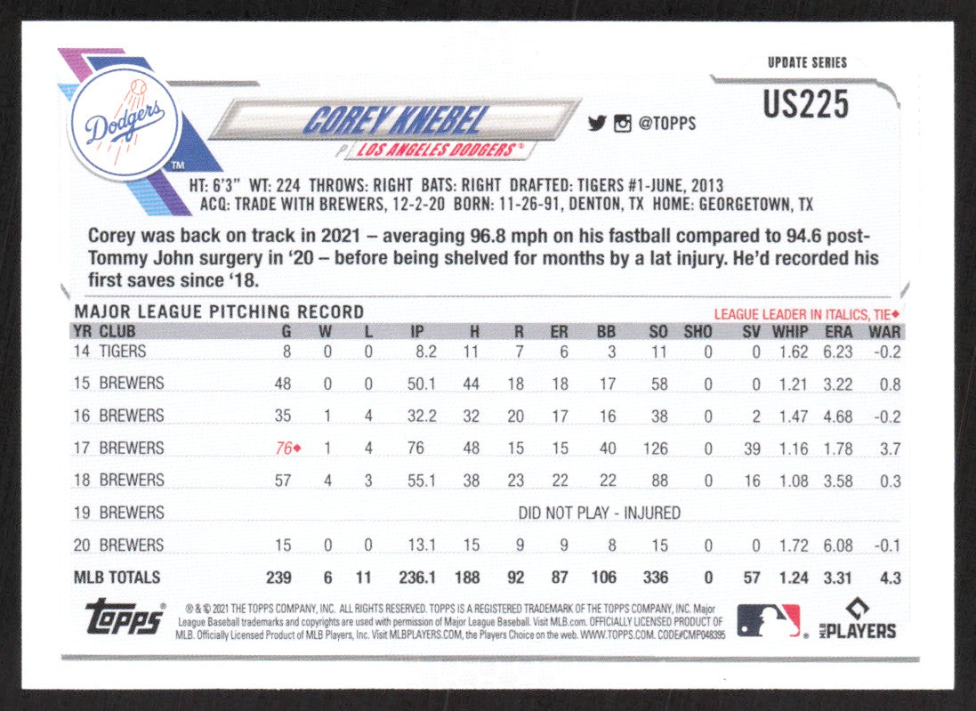 2021 Topps Update US225 Corey Knebel