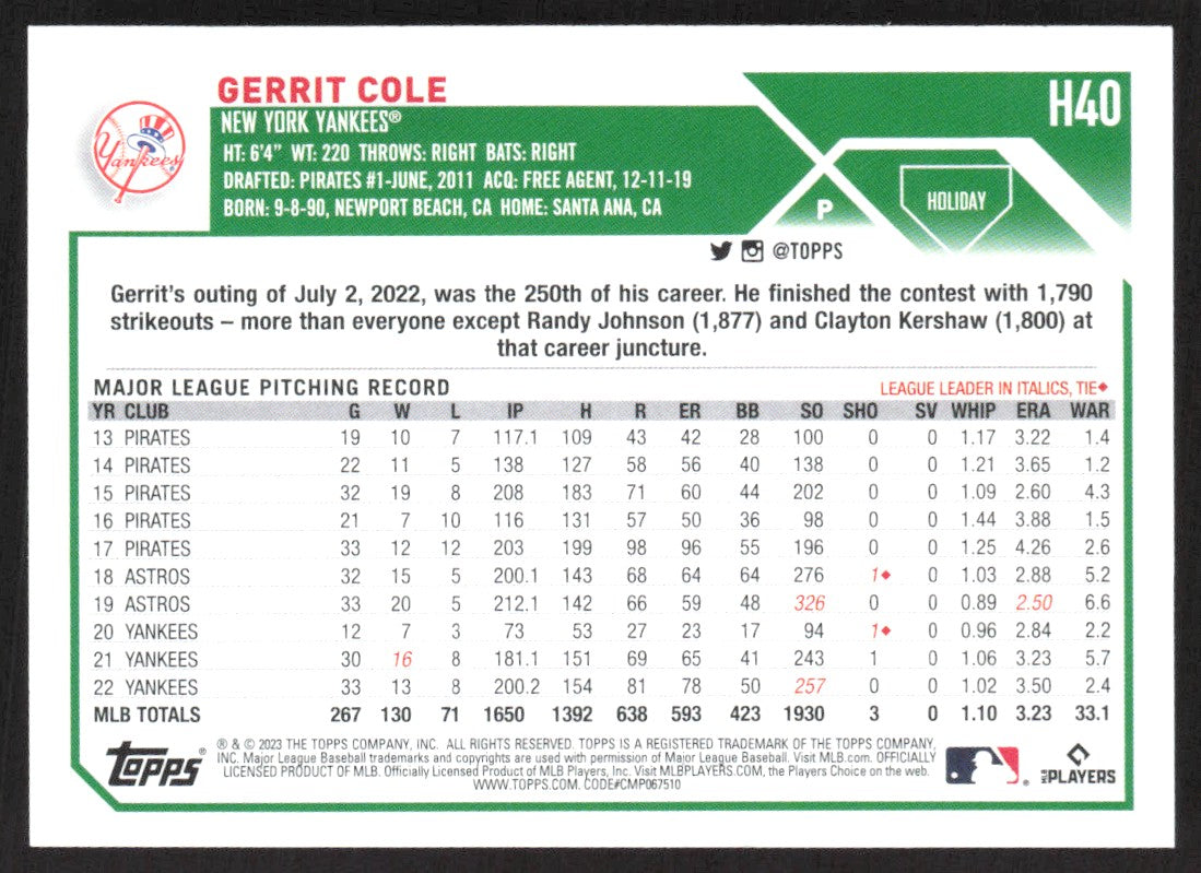 2023 Topps Holiday H40 Gerrit Cole