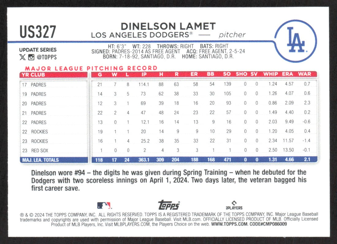 2024 Topps Update US327 Dinelson Lamet