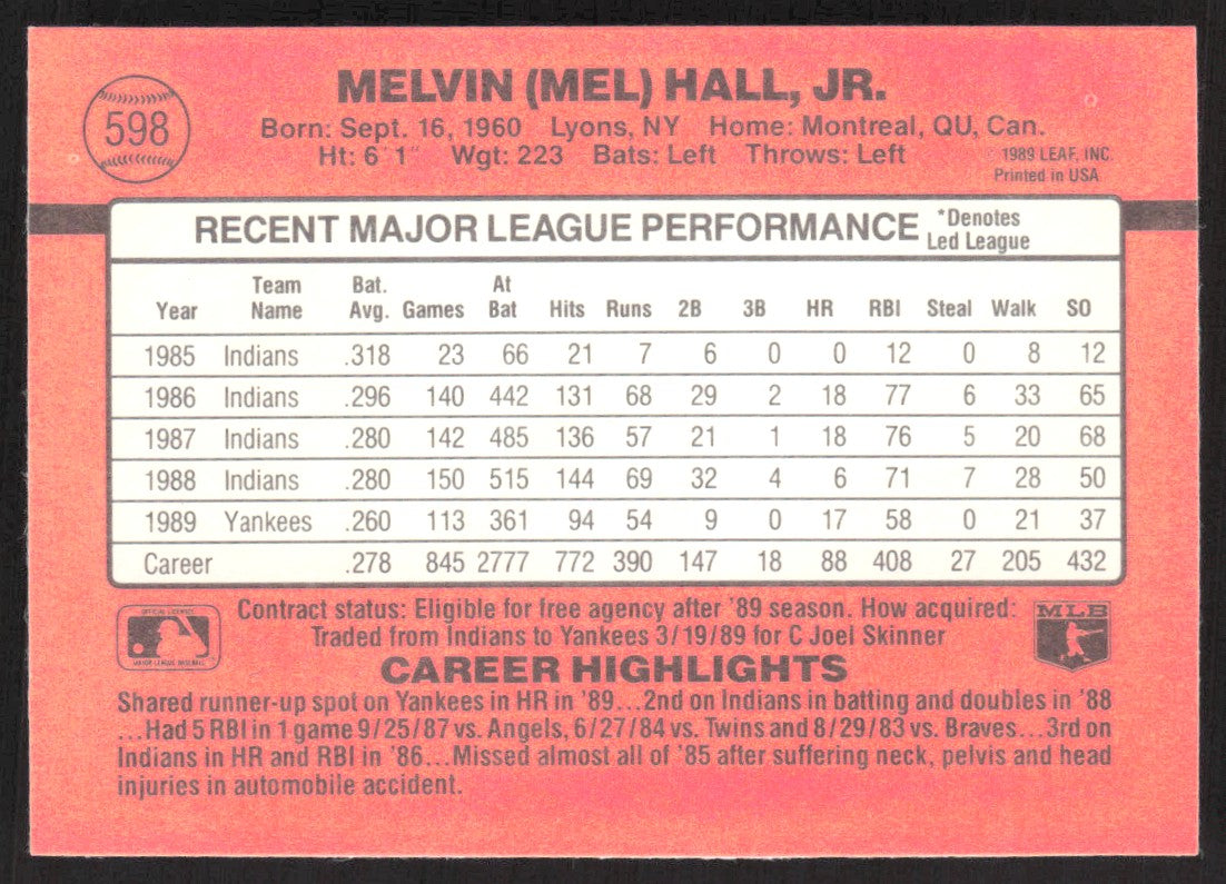 1990 Donruss 598 Mel Hall