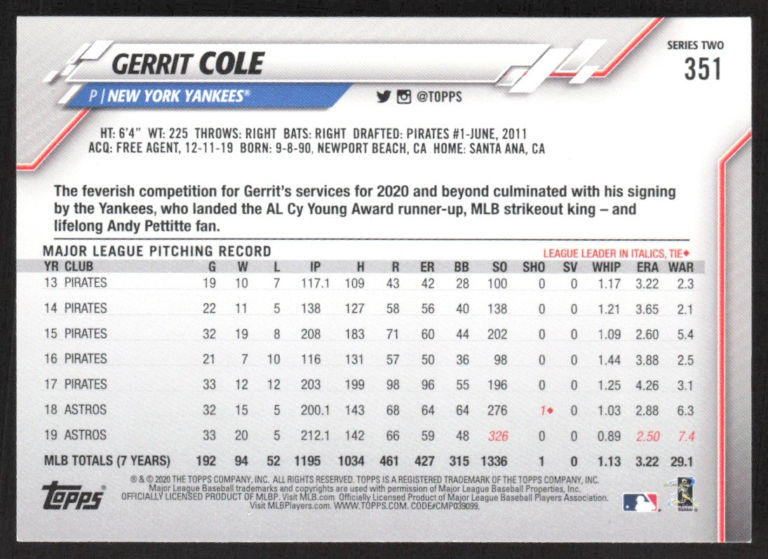 2020 Topps 351 Gerrit Cole