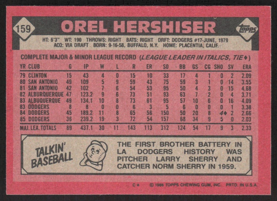 1986 Topps 159 Orel Hershiser