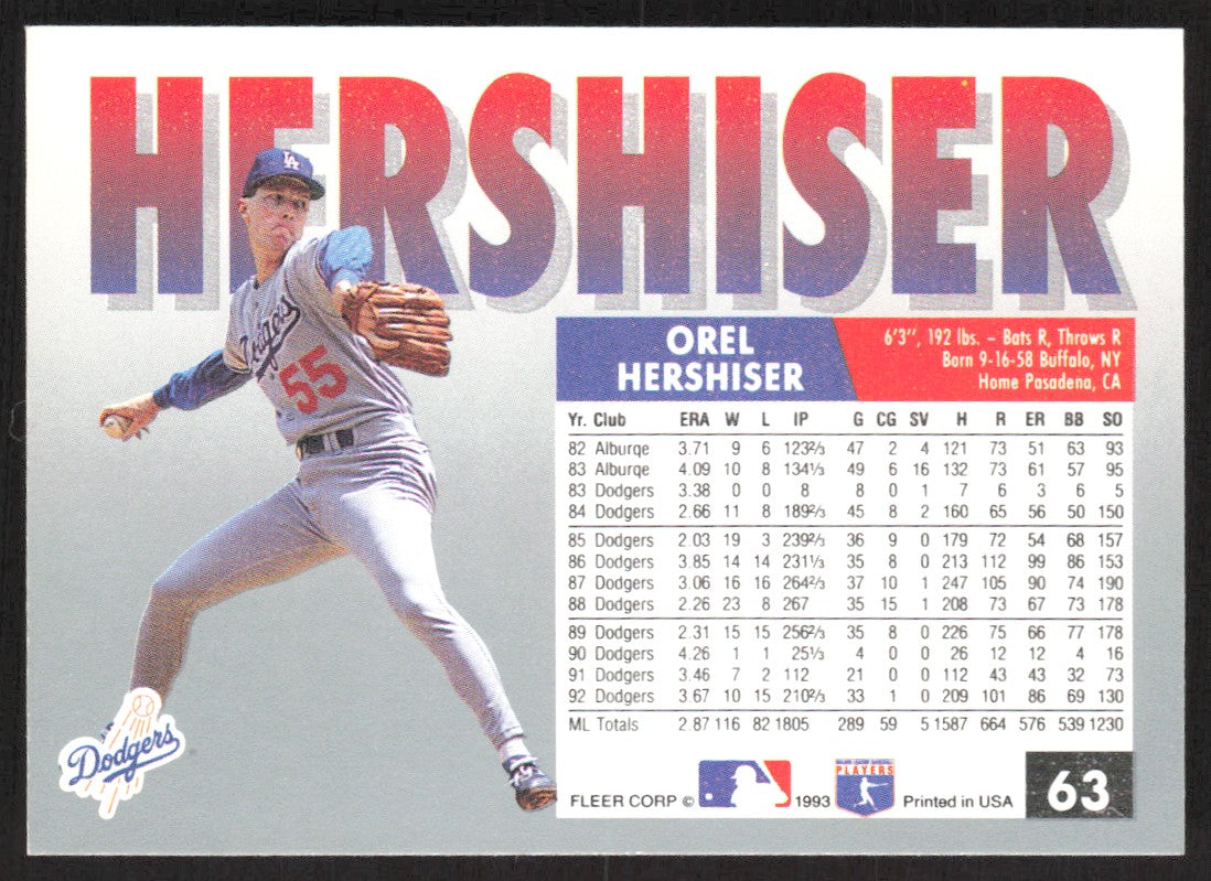 1993 Fleer 63 Orel Hershiser