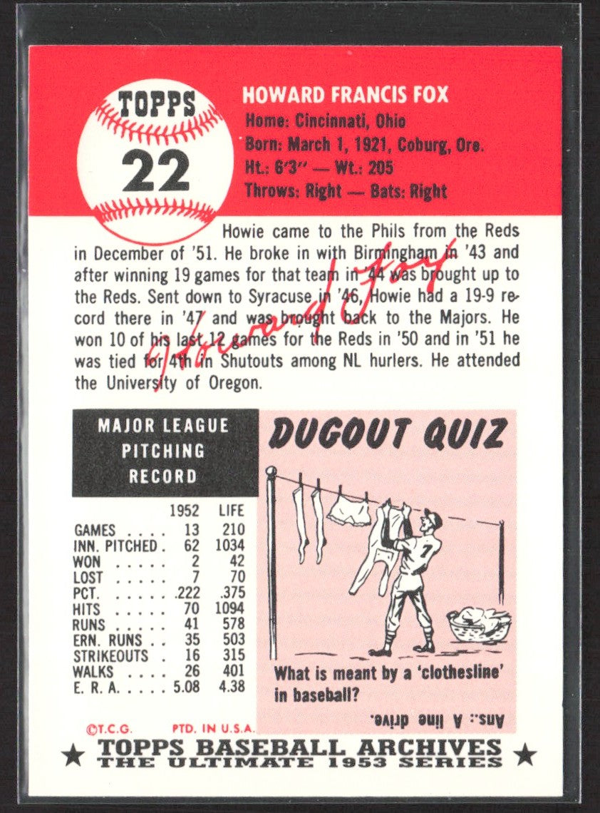 1991 Topps Archives 1953 Howie Fox #22