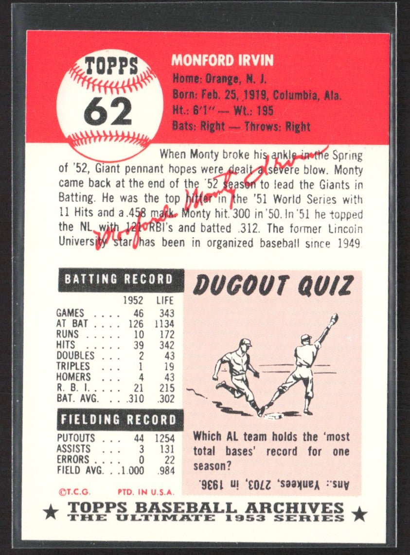 1991 Topps Archives 1953 Monte Irvin #62