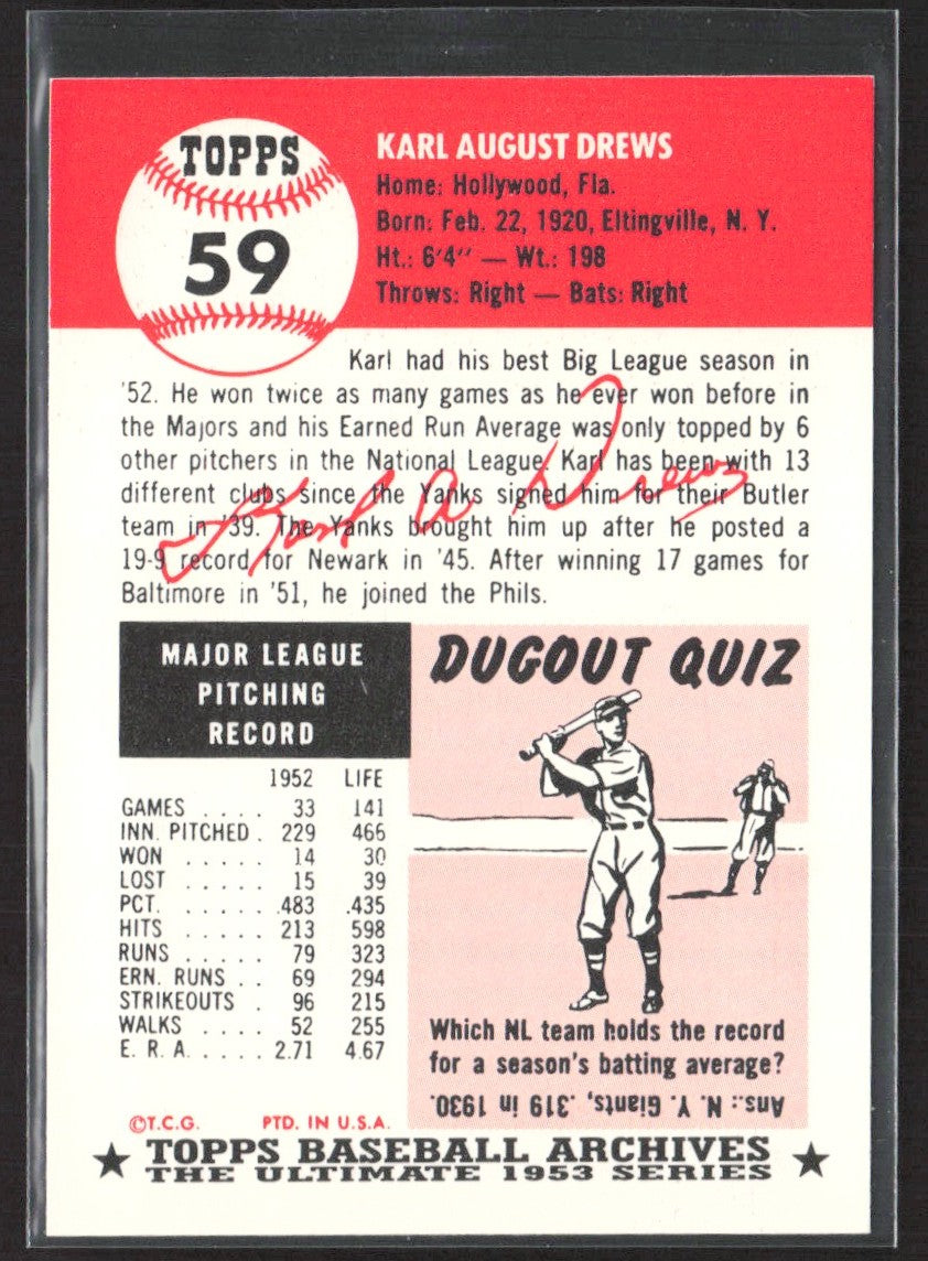 1991 Topps Archives 1953 Karl Drews #59