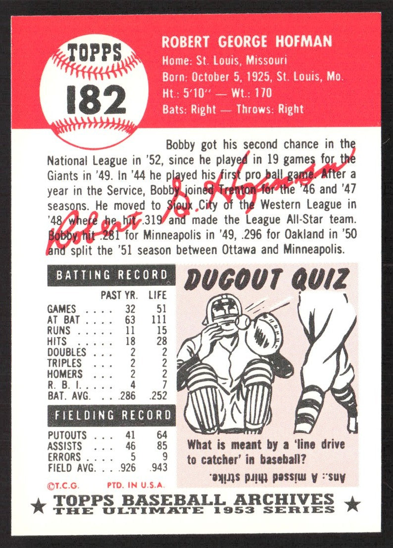 1991 Topps Archives 1953 #182 Bob Hofman