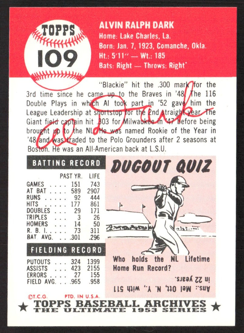 1991 Topps Archives 1953 #109 Alvin Dark