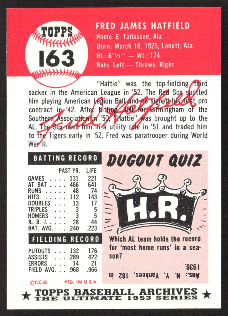 1991 Topps Archives 1953 #163 Fred Hatfield