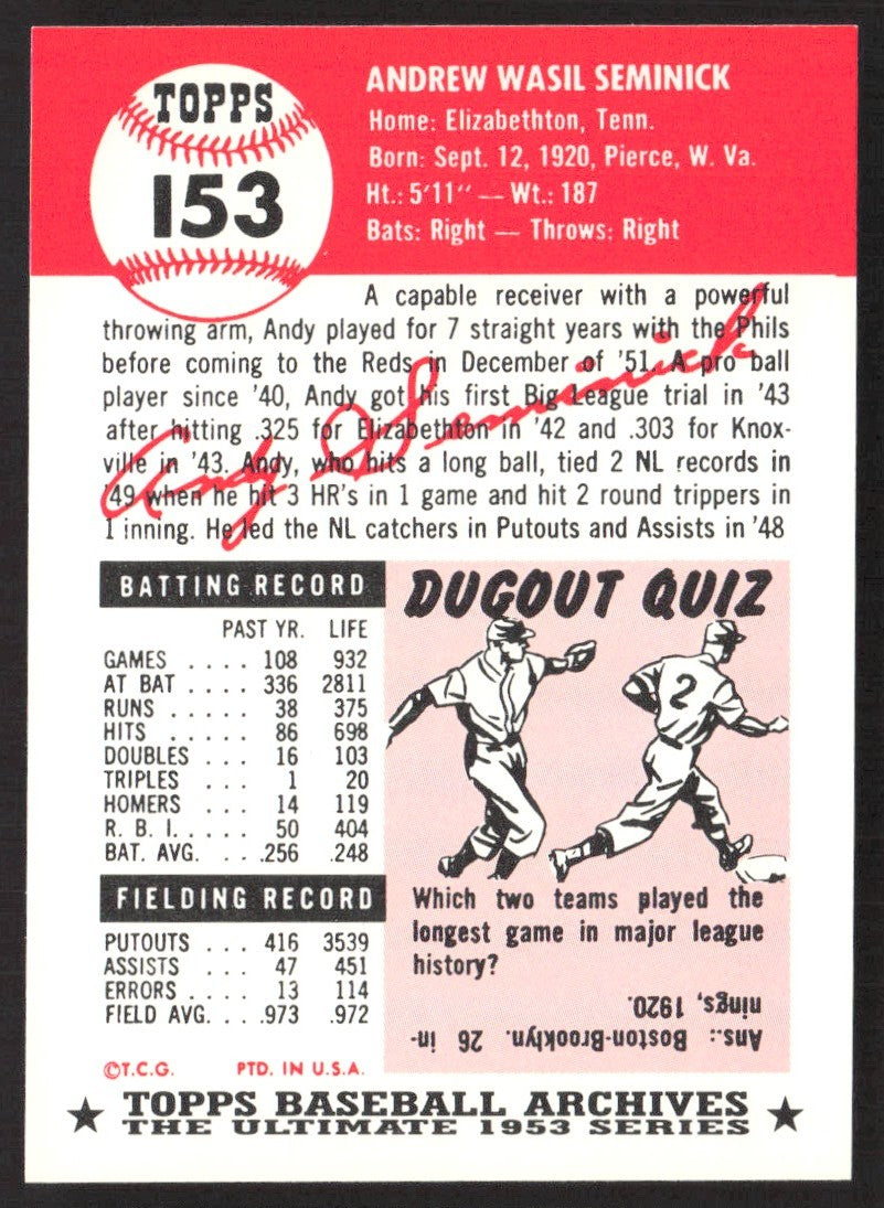 1991 Topps Archives 1953 #153 Andy Seminick