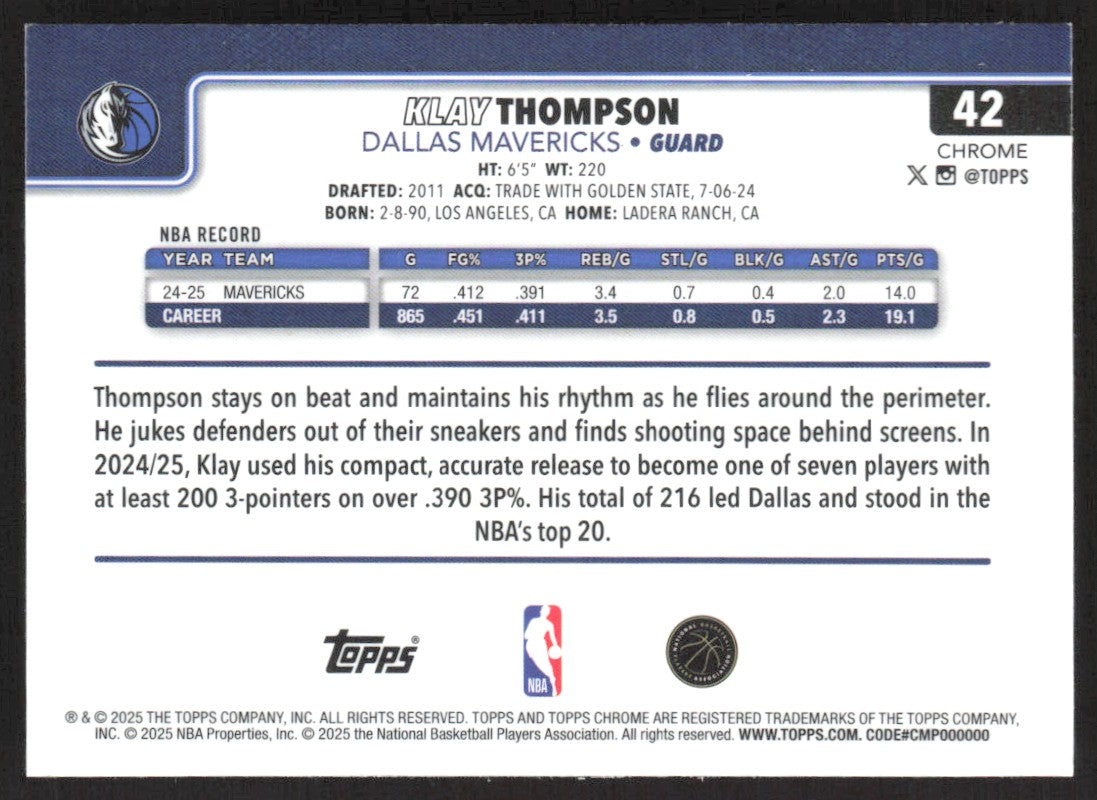 2025-26 Topps Chrome Klay Thompson Refractor #42