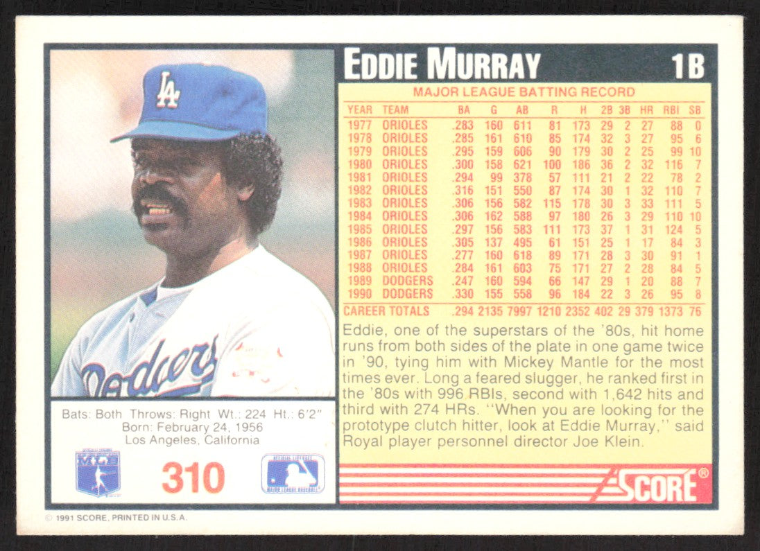 1991 Score 310 Eddie Murray