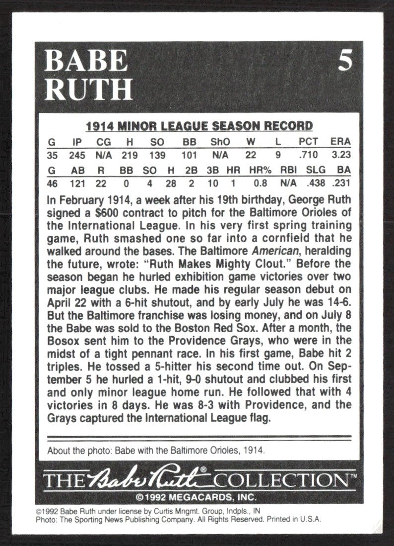 1992 Megacards Babe Ruth 5 22-9 Record in the Minors