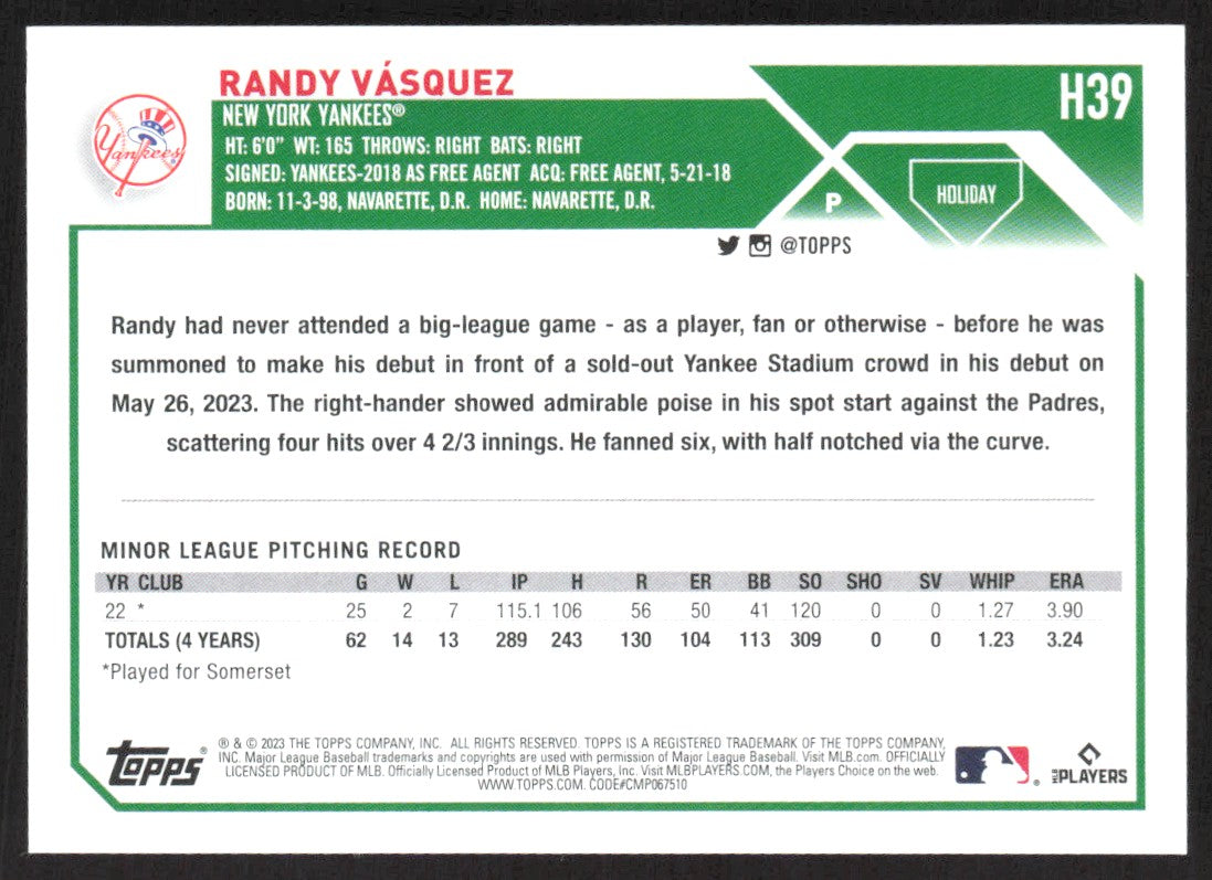 2023 Topps Holiday H39 Randy Vásquez