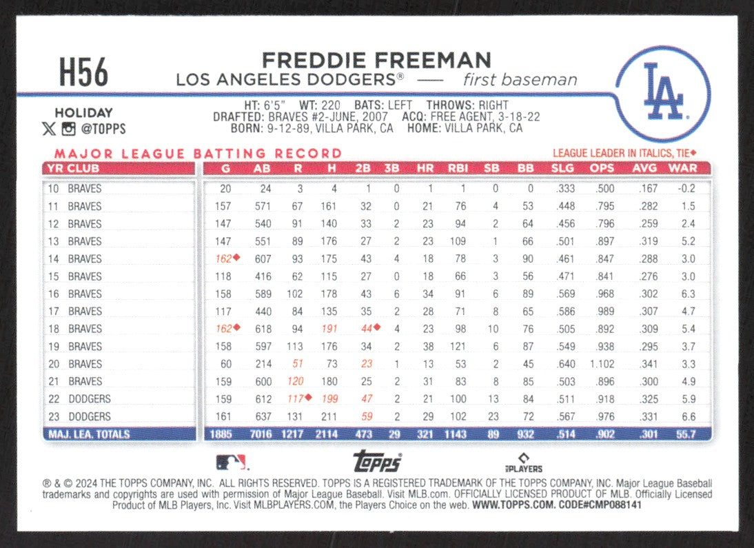 2024 Topps Holiday Blue Metallic H56 Freddie Freeman