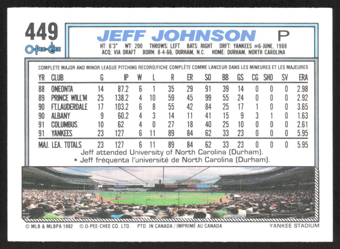 1992 O-Pee-Chee 449 Jeff Johnson