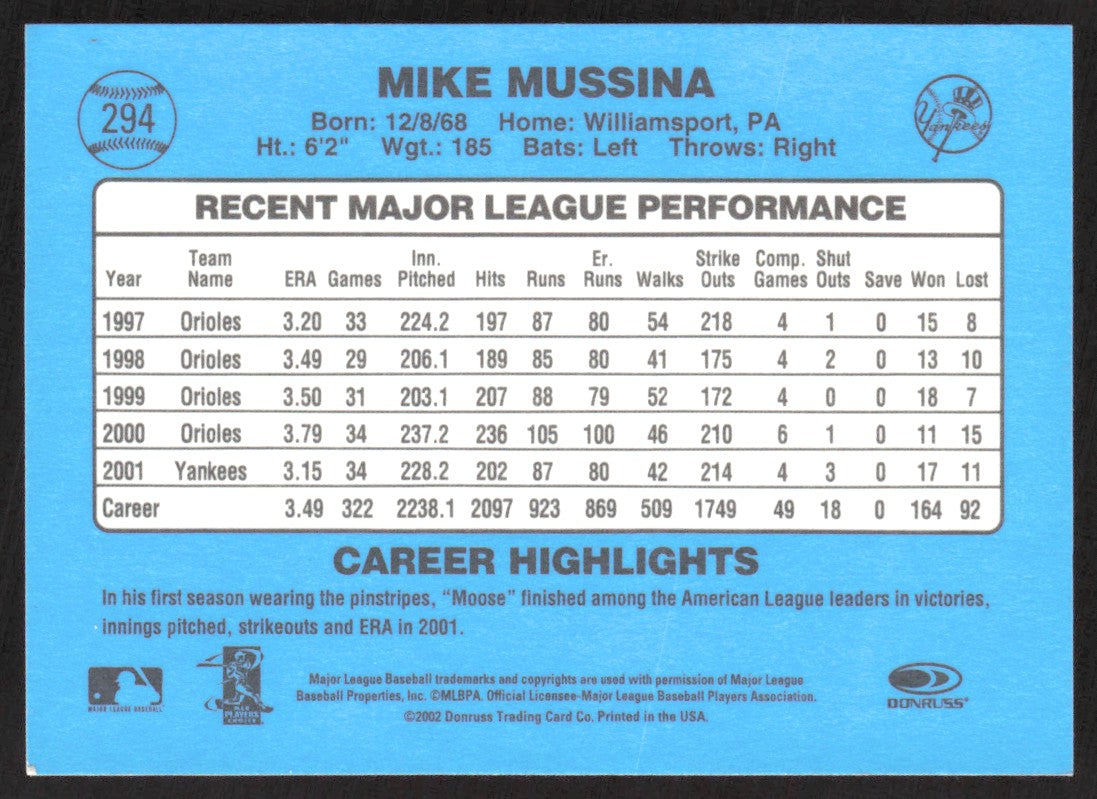 2002 Donruss Originals Aqueous 294 Mike Mussina