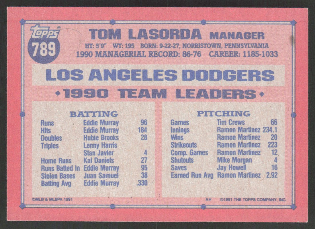 1991 Topps 789 Tommy Lasorda