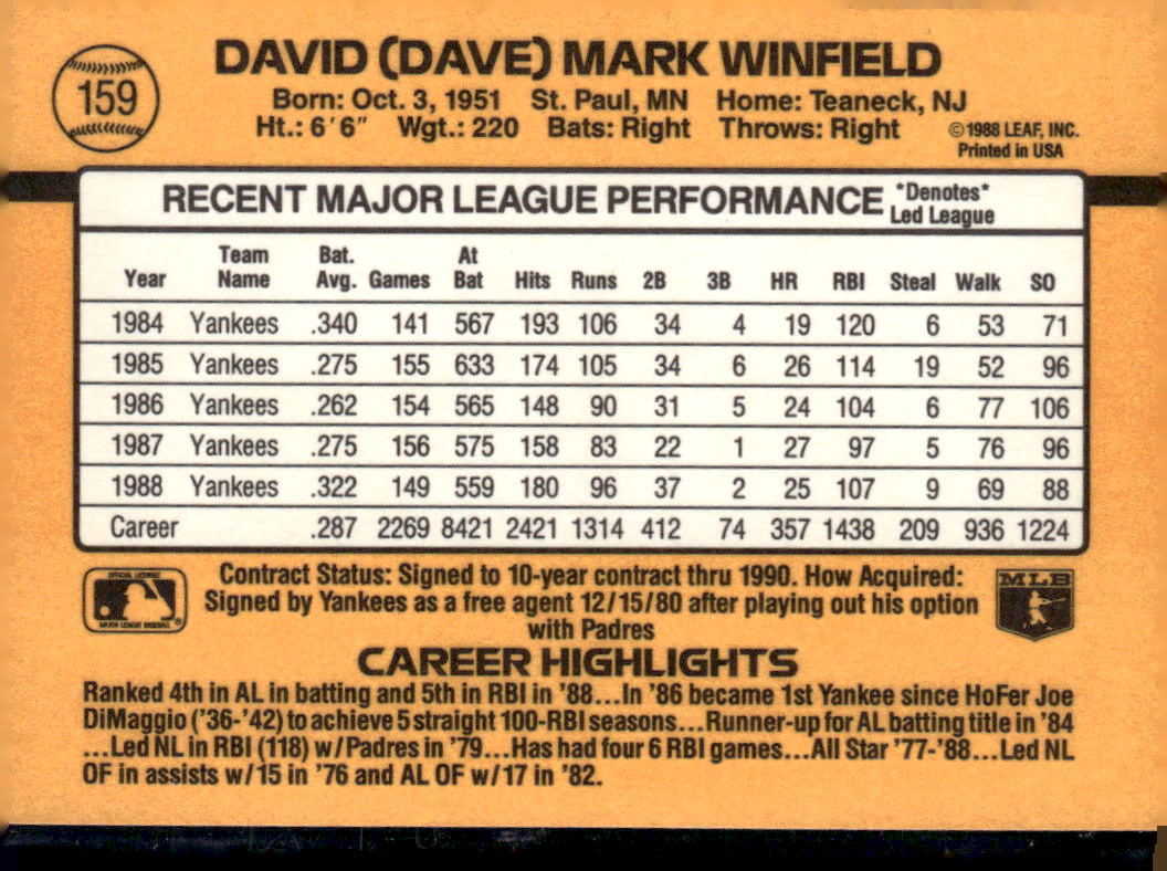 1989 Donruss #159 Dave Winfield