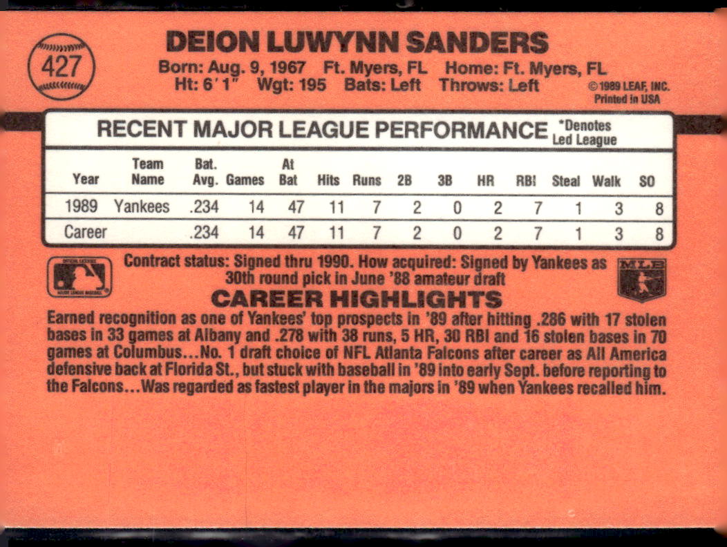 1990 Donruss #427 Deion Sanders