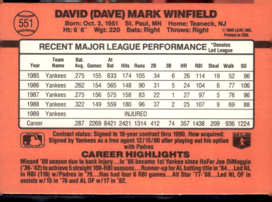 1990 Donruss #551 Dave Winfield