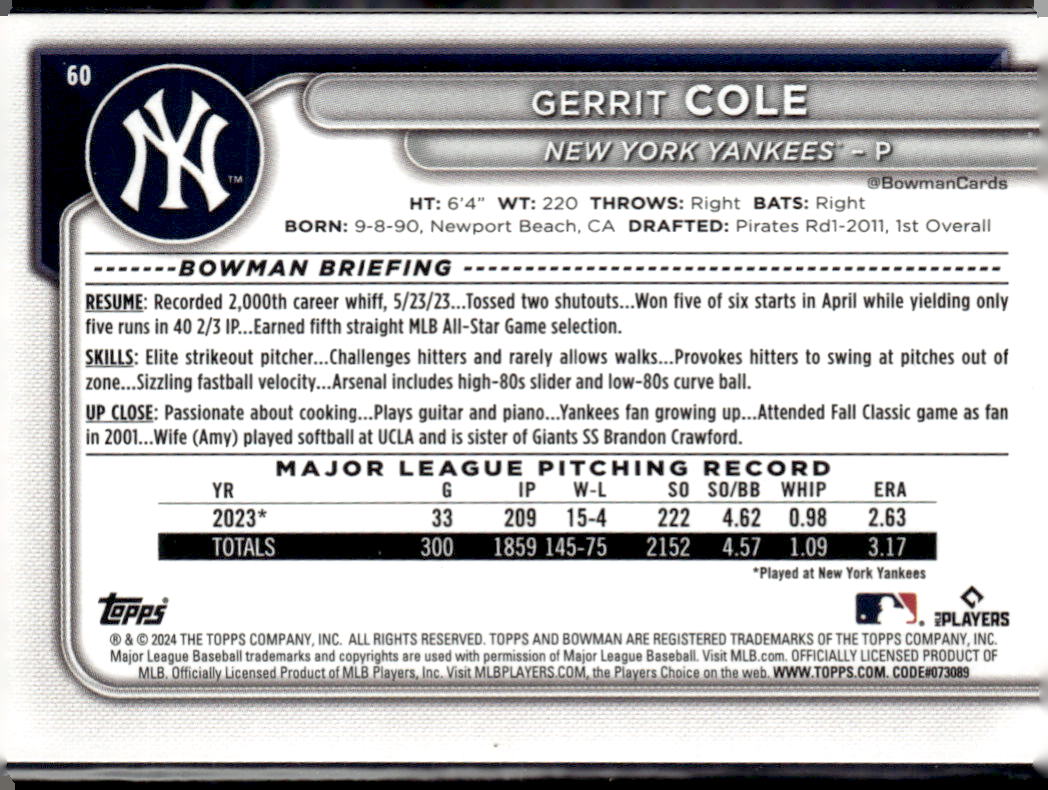 2024 Bowman #60 Gerrit Cole