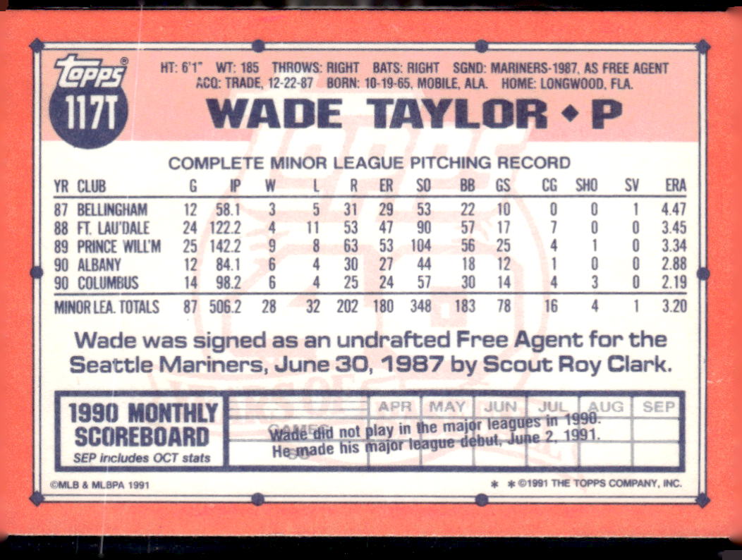 1991 Topps Traded #117T Wade Taylor Gray Card Stock (Pack Version)