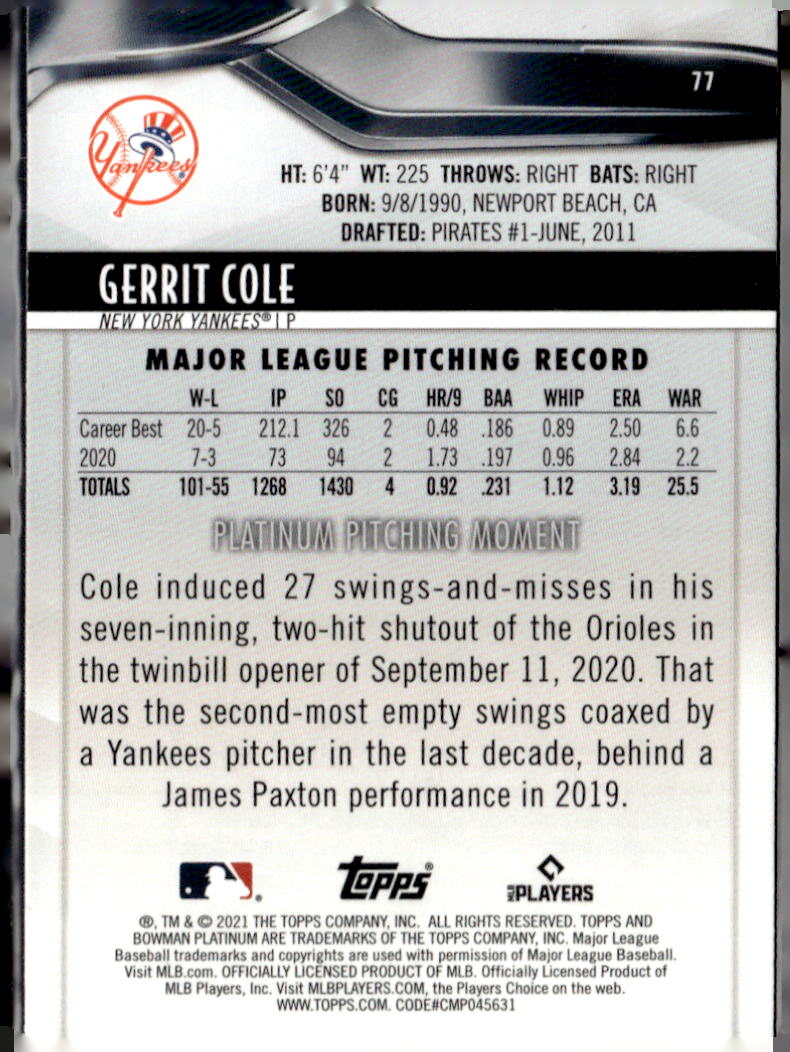 2021 Bowman Platinum #77 Gerrit Cole