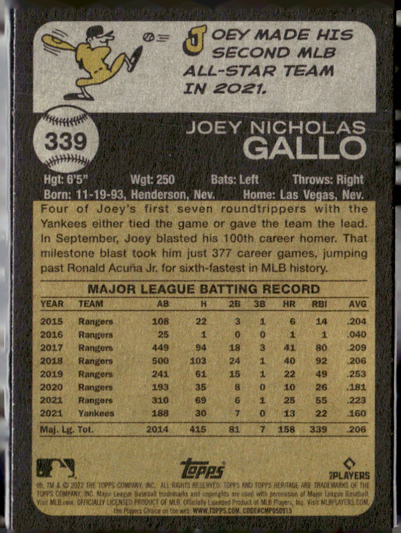 2022 Topps Heritage #339 Joey Gallo