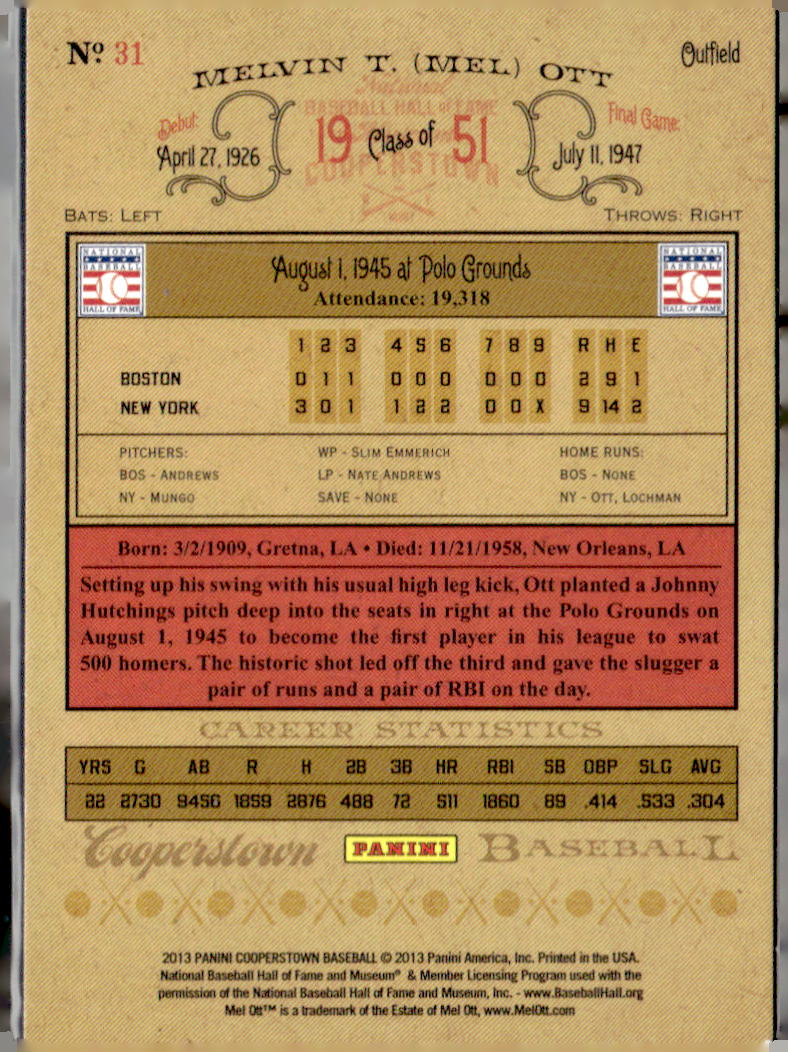 2013 Panini Cooperstown #31 Mel Ott