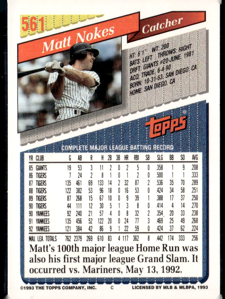 1993 Topps Matt Nokes Inaugural Marlins #561