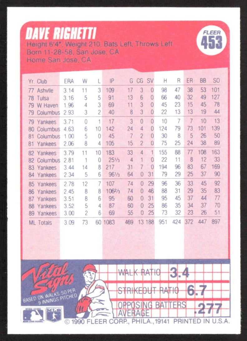 1990 Fleer 453 Dave Righetti