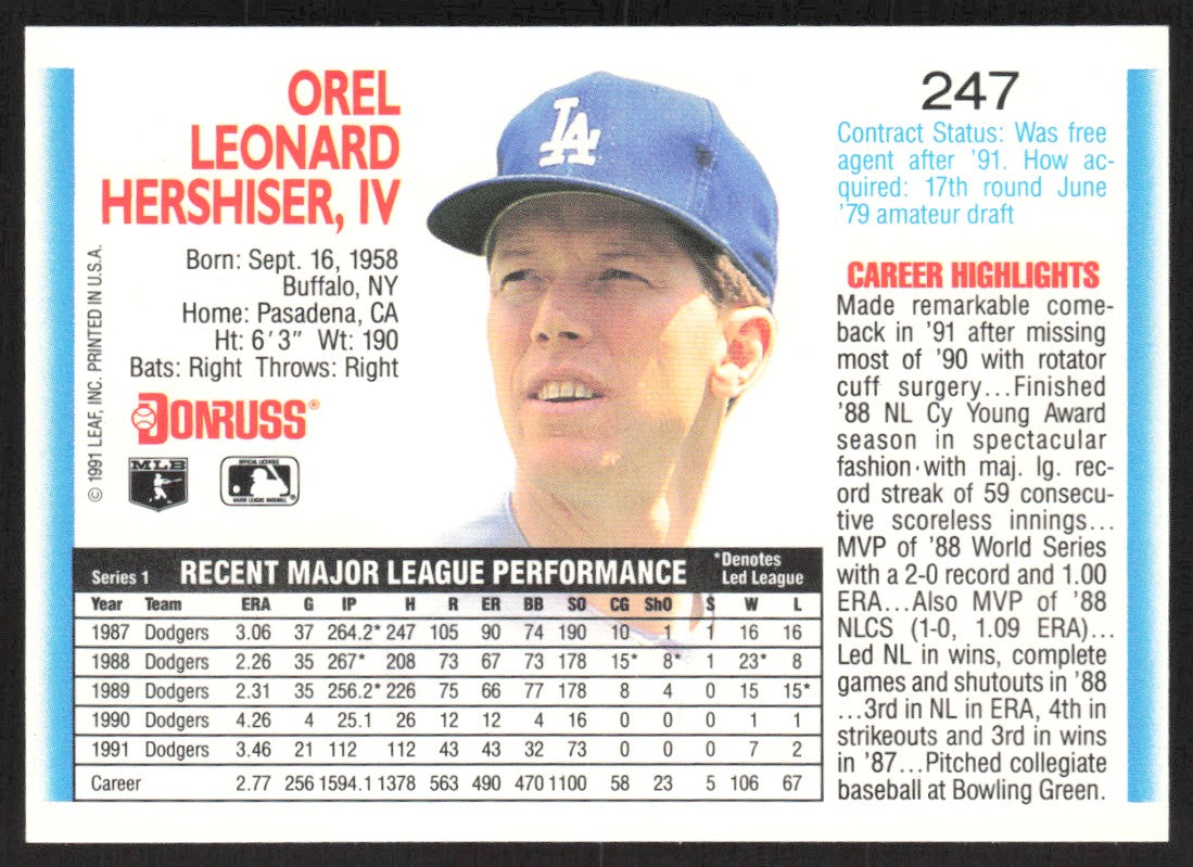 1992 Donruss 247 Orel Hershiser