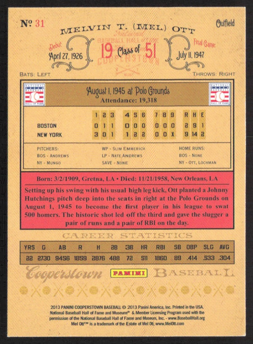 2013 Panini Cooperstown Green Crystal 31 Mel Ott