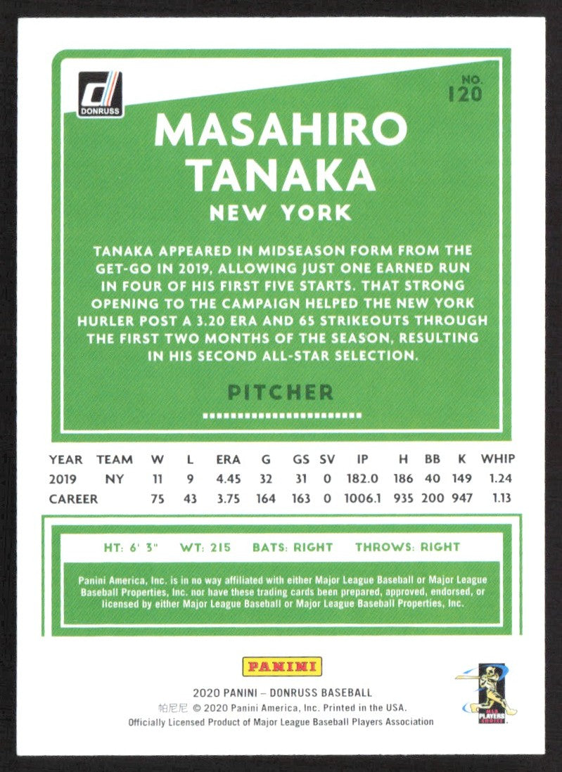 2020 Donruss Holo Blue 120 Masahiro Tanaka