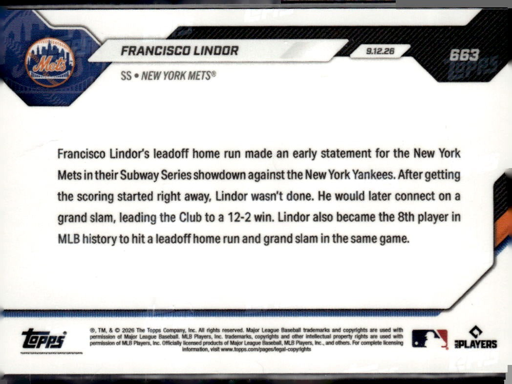 2026 Topps Now Francisco Lindor #663