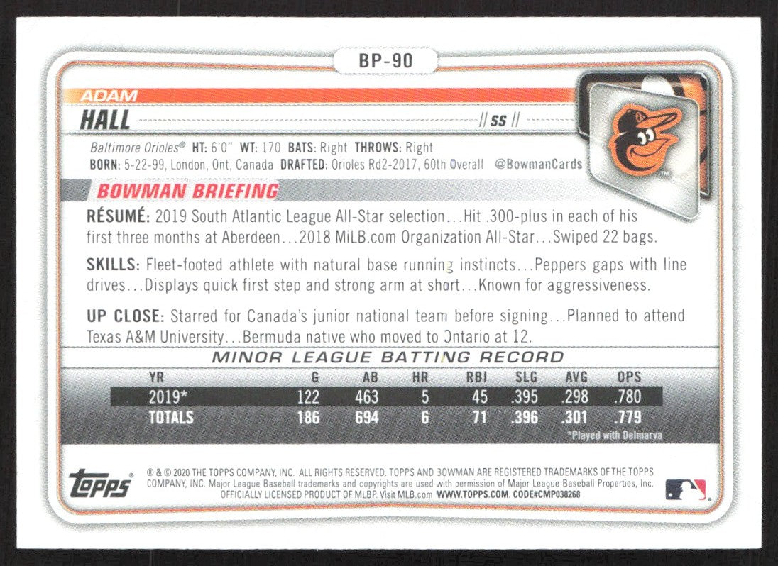 2020 Bowman Prospects BP-90 Adam Hall