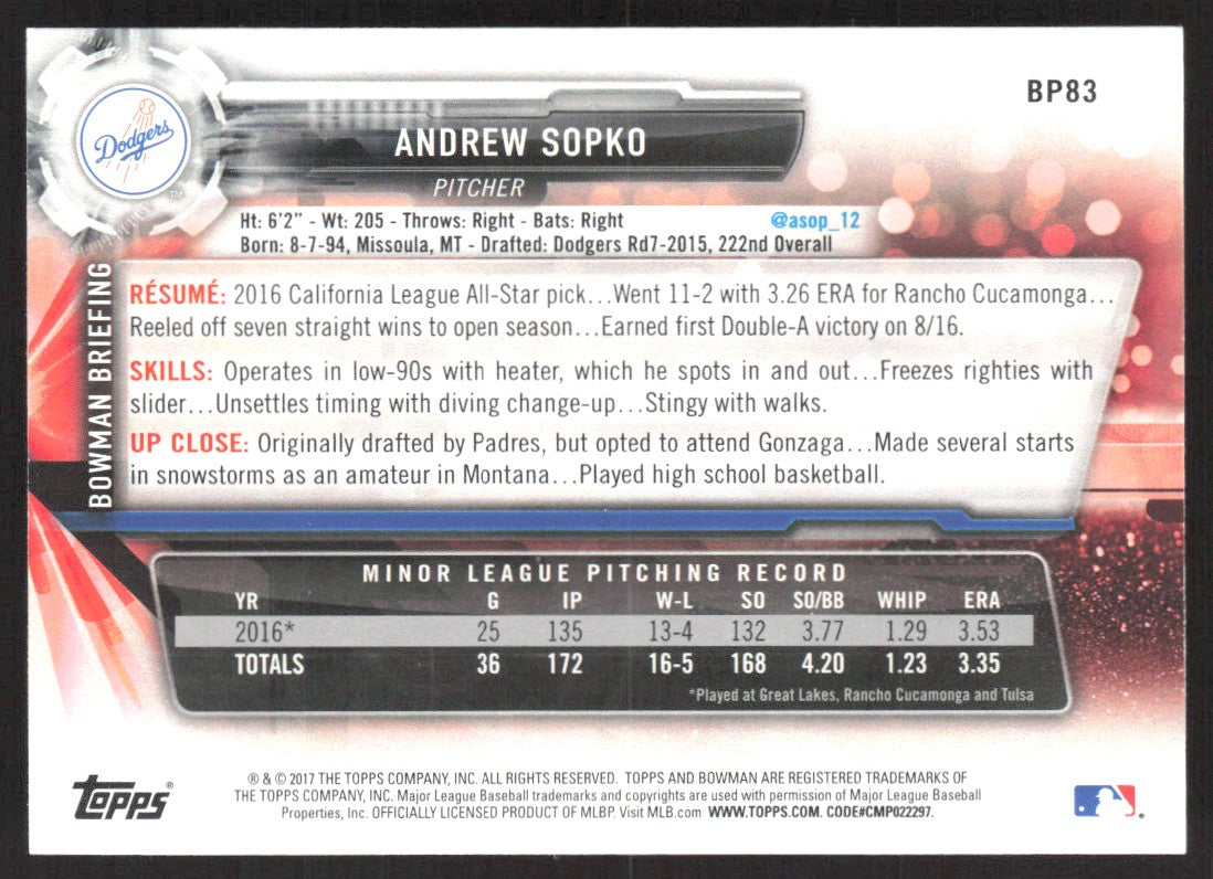 2017 Bowman Prospects BP83 Andrew Sopko