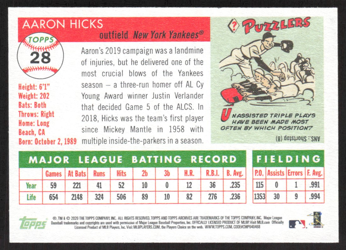 2020 Topps Archives 28 Aaron Hicks