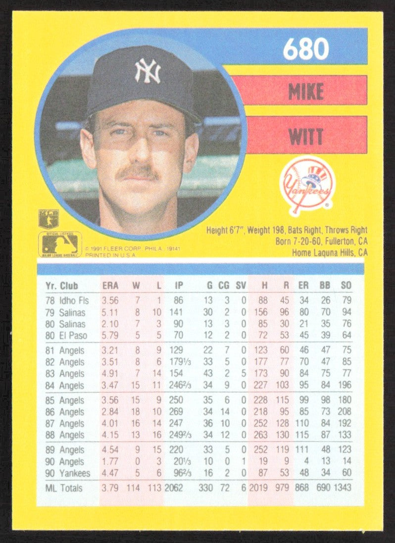1991 Fleer 680 Mike Witt