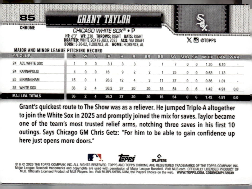 2026 Topps Chrome Grant Taylor #85 RC
