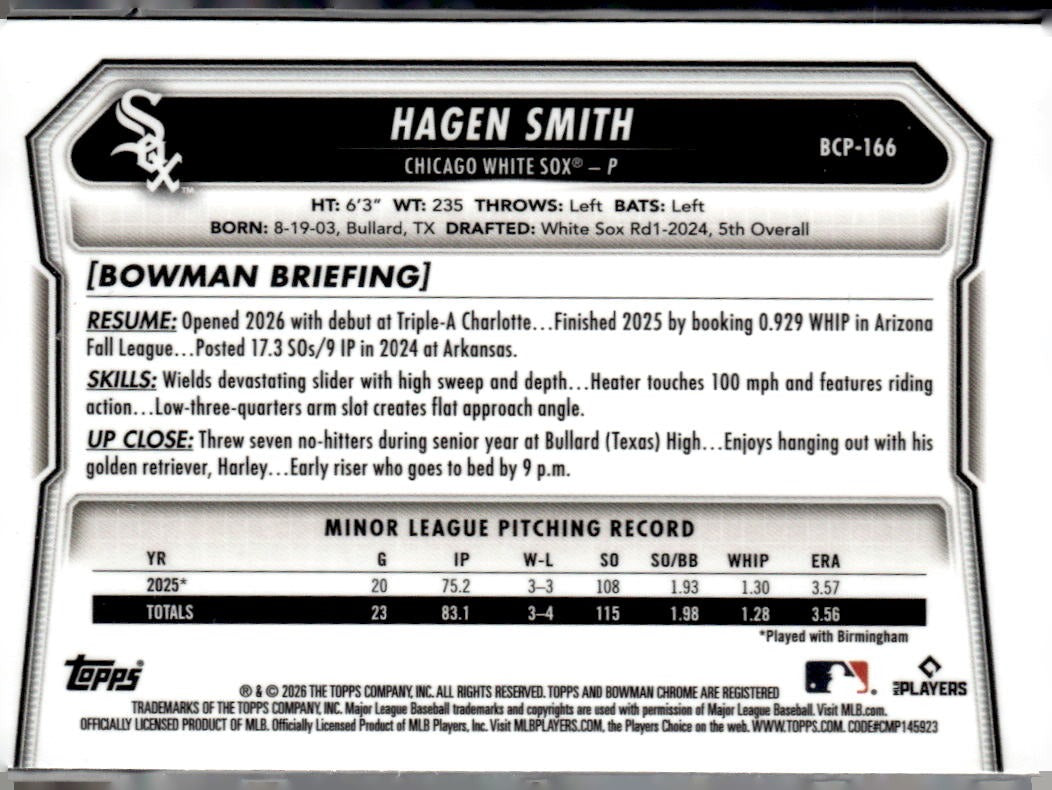 2026 Bowman Chrome Hagen Smith Prospects #BCP-166