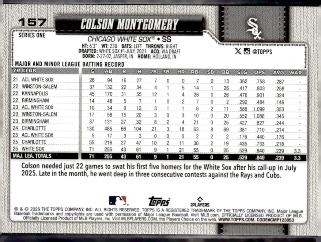 2026 Topps Colson Montgomery #157 RC