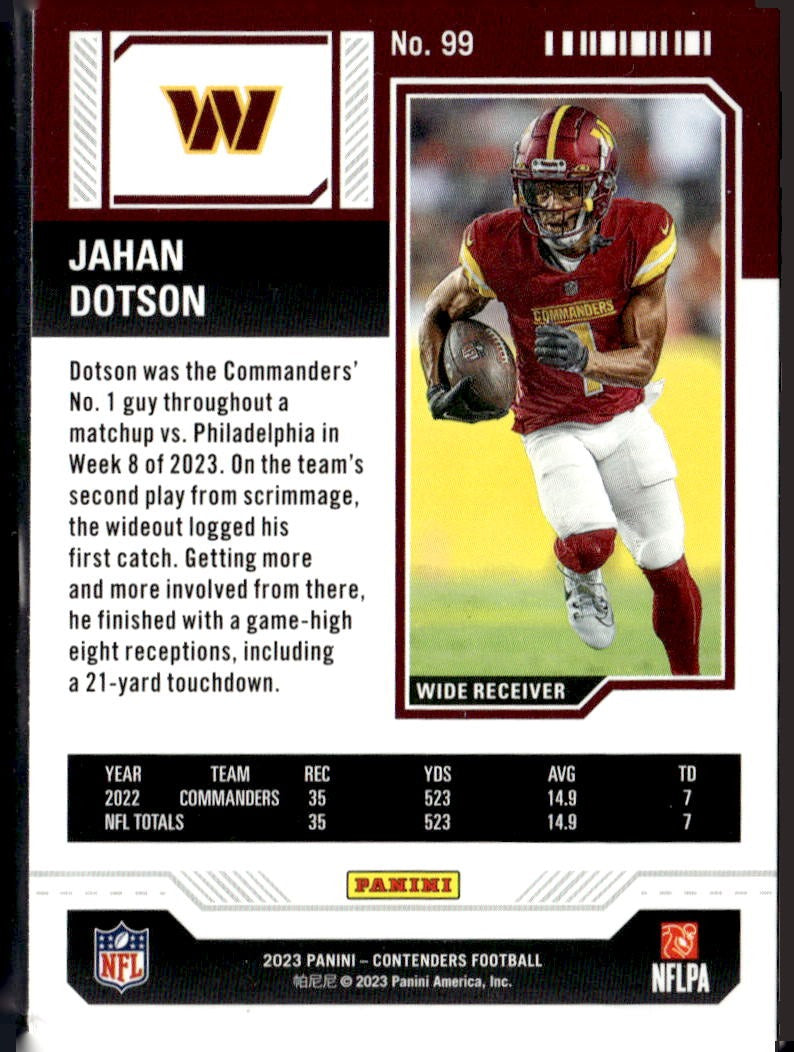 2023 Panini Contenders Jahan Dotson Game Ticket Bronze #99