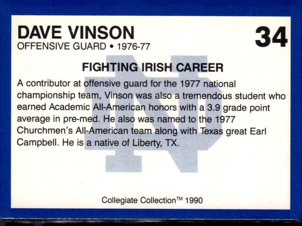 1990 Collegiate Collection Notre Dame Dave Vinson #34